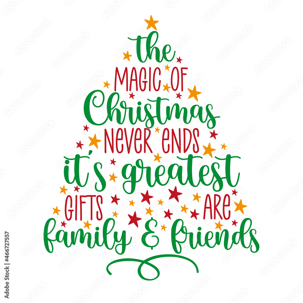 The magic of Christmas never ends it's greatest gifts are family and fiends. Holiday quote with 