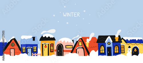 Winter houses. Cute homes in snow, forest cozy cottages and townhomes with snowy roofs, christmas banner, xmas city, vector cartoon flat style isolated horizontal poster
