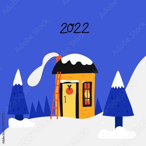 Winter house. Cute homes in snow, forest cozy cottage or townhome with snowy roof, christmas poster, print or card, 2022 lettering, vector cartoon flat isolated illustration