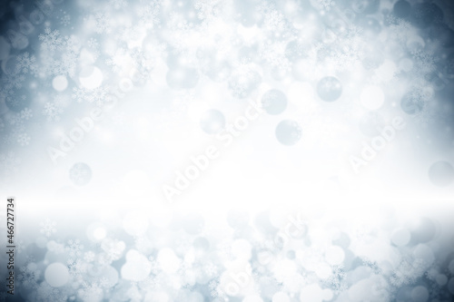 3D illustration Xmas white Bokeh blur backdrop. Circle light on blue background. abstract light wallpaper.