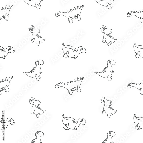 Children seamless pattern with outline cartoon dinosaurs. Cute kids characters. Nice illustration for fabric, textile, background, wallpaper, colouring page