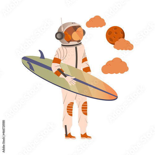 Spaceman or Astronaut Man Character in Space Suit on the Moon Standing with Surfboard Vector Illustration