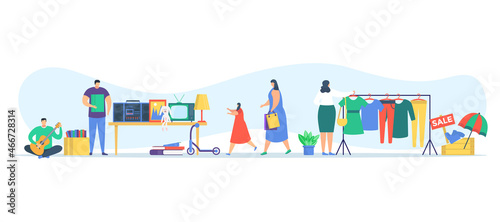Fairground street sellout banner, sale clothing and technical cartoon vector illustration, isolated on white. Private seller character.