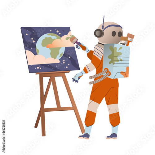 Spaceman or Astronaut Man Character in Space Suit on the Moon Painting on Canvas with Brush and Drawing Easel Vector Illustration