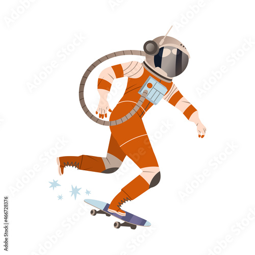 Spaceman or Astronaut Man Character in Space Suit on the Moon Skateboarding Vector Illustration
