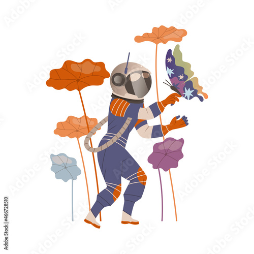 Spaceman or Astronaut Man Character in Space Suit on the Moon Among Flora Having Butterfly Sitting on His Hand Vector Illustration