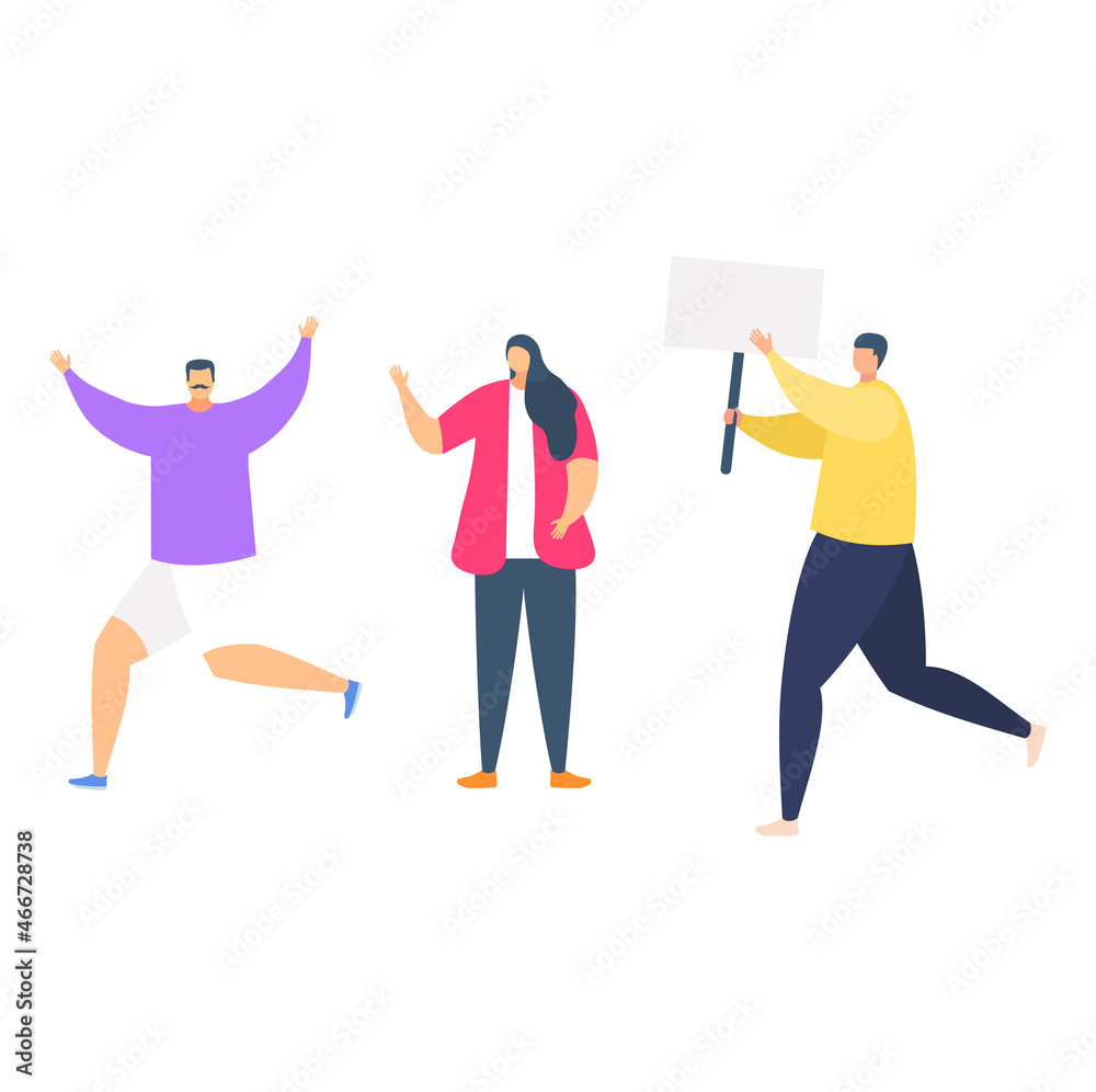 Together people male female hold riot poster, concept urban protest, peaceful rally flat vector illustration, isolated on white. Together people male female hold riot poster, concept urban protest, peaceful rally flat vector illustration, isolated on white.