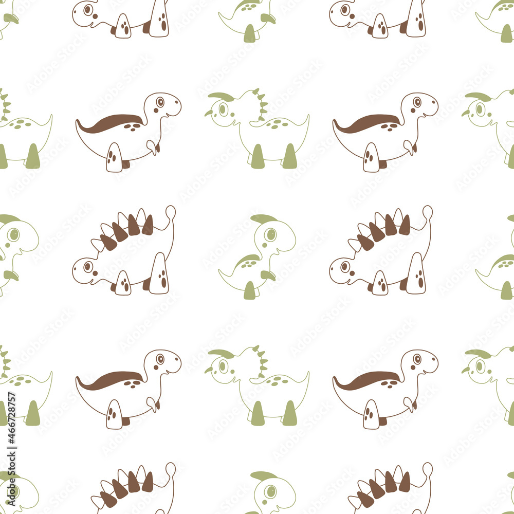 Children seamless pattern with outline cartoon dinosaurs. Cute childish characters. Vector illustration for print, fabric, textile, background.