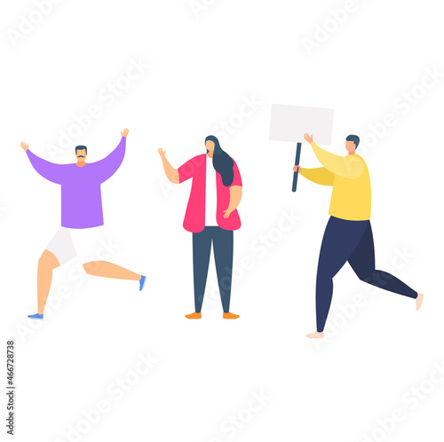 Together people male female hold riot poster, concept urban protest, peaceful rally flat vector illustration, isolated on white.