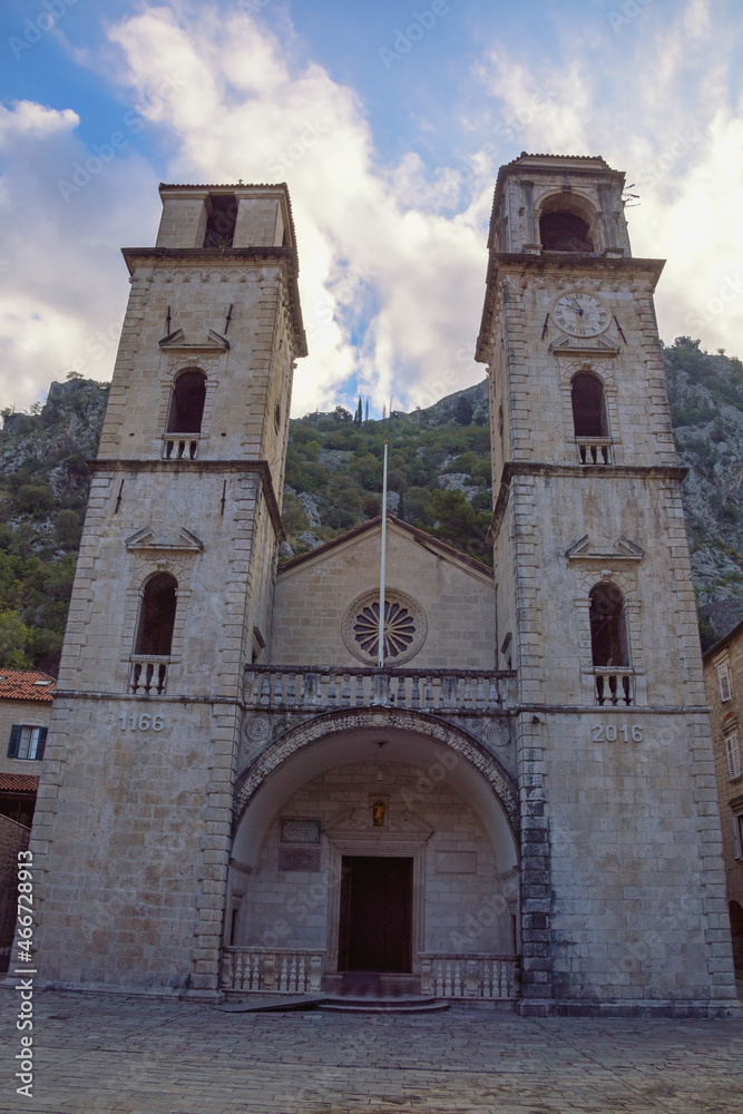 Religious architecture. Montenegro. Old Town of Kotor, UNESCO-World Heritage Site. View of Cathedral of Saint Tryphon on cloudy autumn day