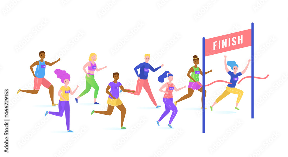 Sportsman running outdoor, group people together physical activity, male female character cartoon vector illustration, isolated on white.