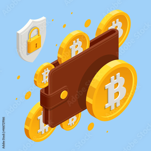 Isometric Digital Wallet technology for cryptocurrency bitcoin. Digital wallet application on mobile