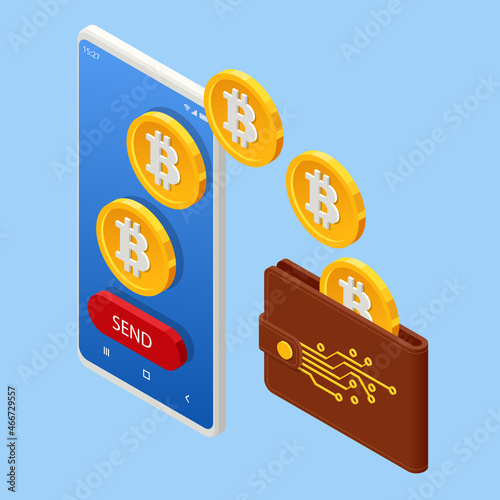 Isometric Digital Wallet technology for cryptocurrency bitcoin. Digital wallet application on mobile