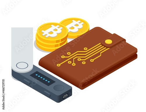 Isometric Digital Wallet technology for cryptocurrency bitcoin. Digital wallet application on mobile