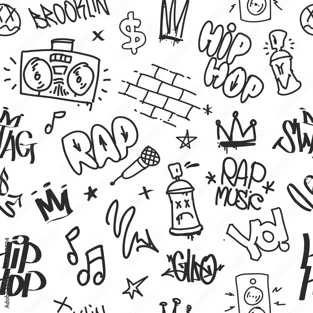 Hip-Hop and Rap doodle graffiti tags white vector seamless pattern. Street  Art and Hip-Hop grunge elements for fashion tee print design. Endless  background for wallpaper and wrapping paper Stock Vector | Adobe