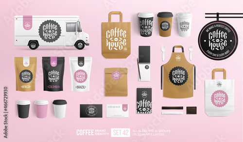 Coffee branding design on food zip package mock-up vector template. Realistic food truck. Stand-up foil or paper cup and pouch design. Coffee House brand identity with logo sticker or label