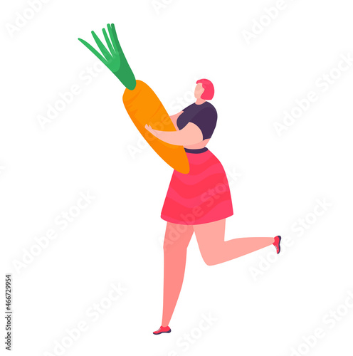 Tiny woman character in hand hold orange carrot, female carry ecology organic...