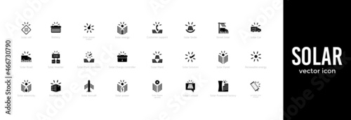 Black solar panels related icons collection set. Solar panel industry related vector icon.