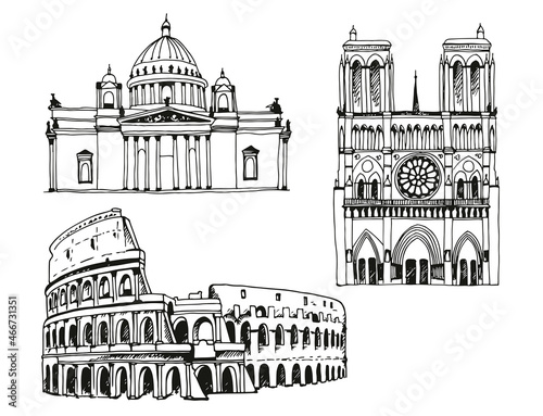 Attractions of the world. Saint Isaac's Cathedral in Russia, Notre Dame de Paris Cathedral in France, Coliseum in Italy. Vector illustration isolated on white background