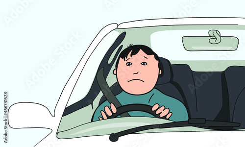 pensive driver driving in a car, isolated, flat design, vector illustration, close-up.