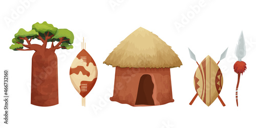 Set African hut with straw roof, baobab shield with spear in cartoon style isolated on white background. Safari tribal collection, rural desert building. Vector illustration
