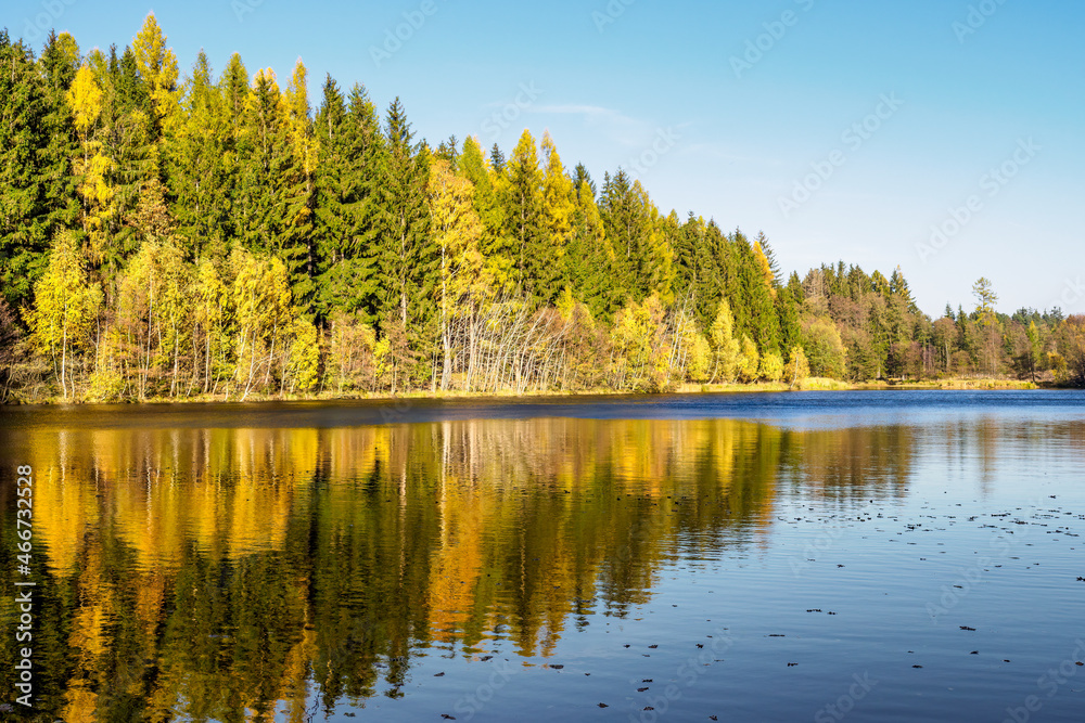 Autumn landscape reflecting on the surface of the pond. Czech republic