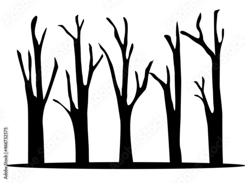 vector illustration set Dry bare tree silhouette with no living leaves. Dead wood. Hand drawn damaged environment. isolated on a white background