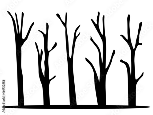 vector illustration set Dry bare tree silhouette with no living leaves. Dead wood. Hand drawn damaged environment. isolated on a white background