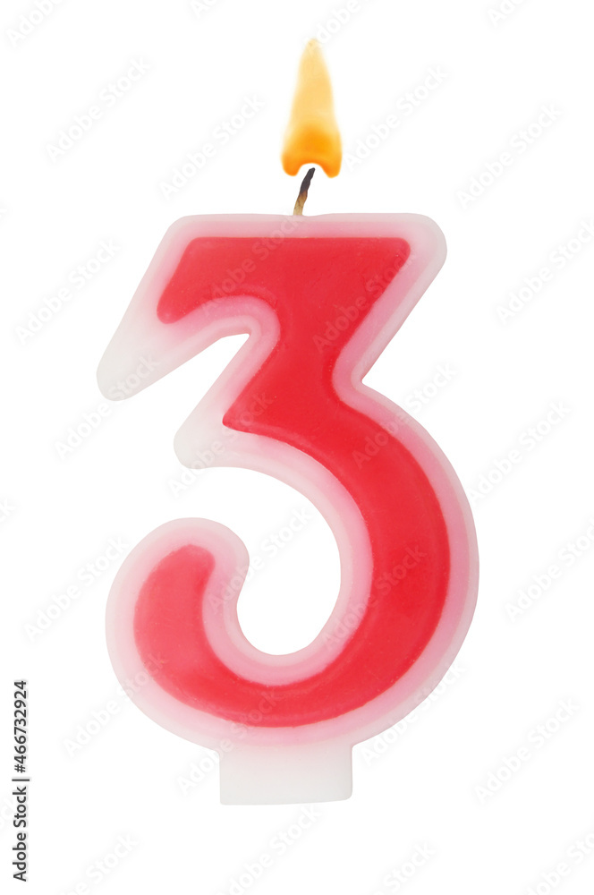 Red birthday candle isolated on white background, number 3 Red birthday candle isolated on white background, number 3