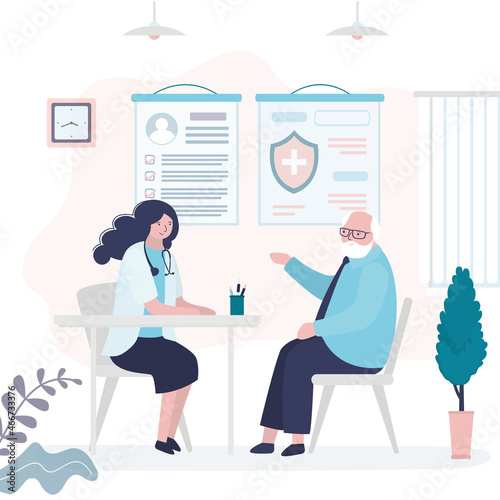 Elderly man came to consult doctor. Medical office interior. Grandfather at doctor's appointment at clinic