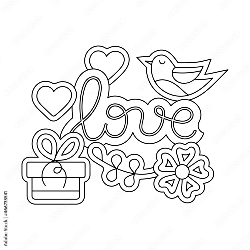 Coloring book page. Cartoon hand-drawn Love pattern. Line art with hearts, flowers and bird, black and white illustration.
