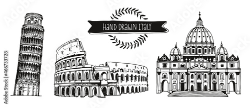 Tela Italy vector set, hand drawn collection of Italian landmarks: Tower of Pisa, Coliseum and St