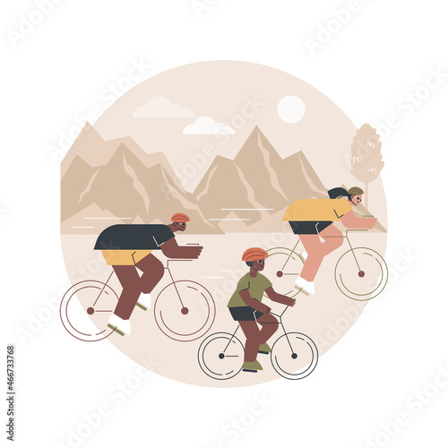 Cycling experiences abstract concept vector illustration. Cycling in nature experiences, family bike ride, best bicycle trails, rental service, city tour, indoors velodrome abstract metaphor.