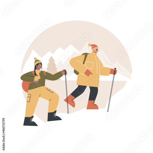 Winter hiking abstract concept vector illustration. Hiking experience, warm clothing, mountain lodge vacation, winter walking, outdoor activity, buy apparel online, destination abstract metaphor.