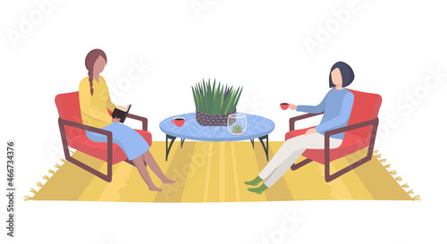 Home recreation woman character sitting and friendly talk, couple girlfriend dialogue drink tea cartoon vector illustration, isolated on white.