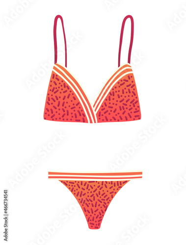 Concept woman beach swimsuit, female swimwear red bra and panties swimming suit flat vector illustration, isolated on white.