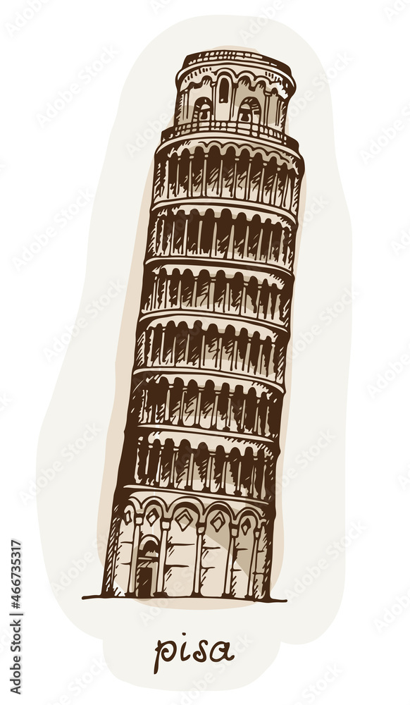 Hand drawn Tower of Pisa, Italy. Attraction of the world, vector illustration