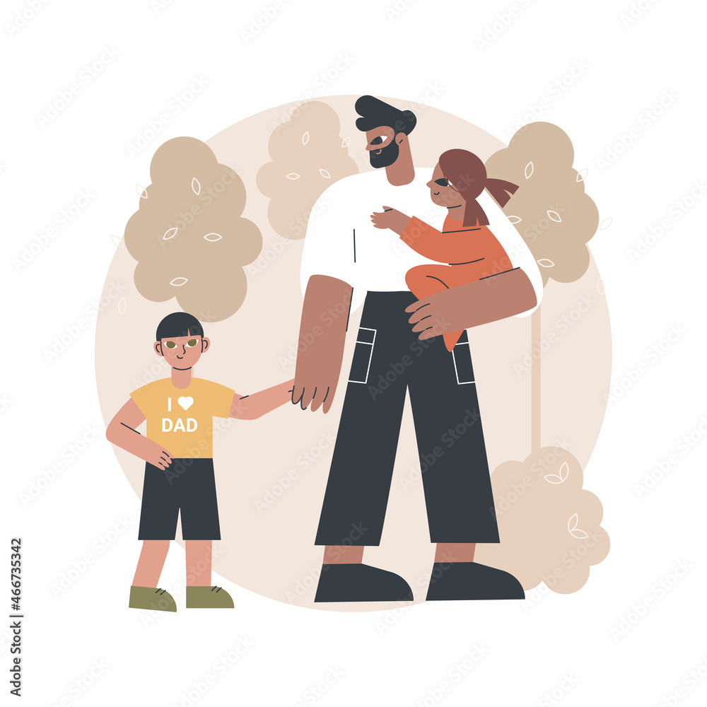 Single fathers abstract concept vector illustration. Single-parent family, fatherhood, happy kid, son and doughter, man feeding carrying baby, help in study, good dad abstract metaphor. Single fathers abstract concept vector illustration. Single-parent family, fatherhood, happy kid, son and doughter, man feeding carrying baby, help in study, good dad abstract metaphor.