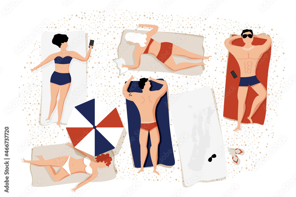 Ludzie opalający się na plaży latem - obrazy, fototapety, plakaty 