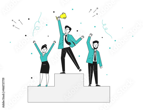 People stand on podium. Ranking competition rewarding