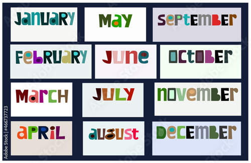 Names  of months. Hand written months titles for print, invitation or greeting cards, brochures, poster, calendar, planner, diary, t-shirts, mugs.