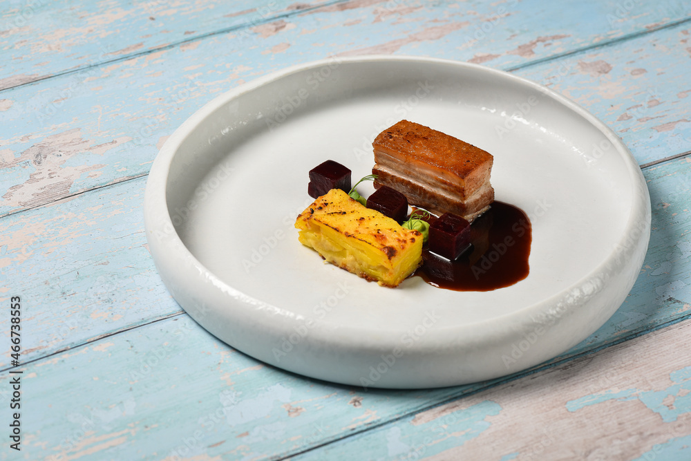 Fine dining, Pork belly with beetroot Stock Photo | Adobe Stock