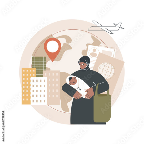 Female migrant abstract concept vector illustration. Female migrant worker, international marriage, philippine indian muslim woman, passport and documents, house cleaner, refugee abstract metaphor.