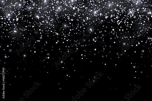 Silver glitter holiday confetti with glow lights on black background. Vector