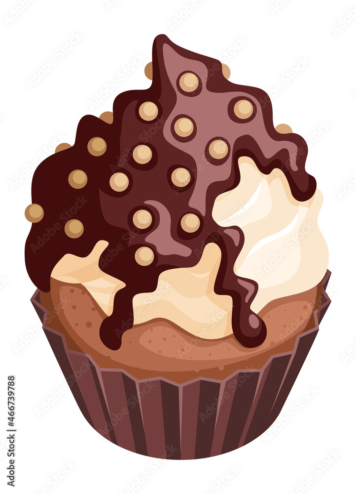 Cartoon cupcake. Cream muffin with dripping chocolate topping Cartoon cupcake. Cream muffin with dripping chocolate topping