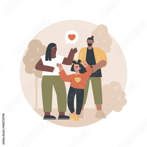 Foster parent abstract concept vector illustration. Foster care, father in adoption, happy interracial family, having fun, together at home, childless couple, adopted child abstract metaphor.