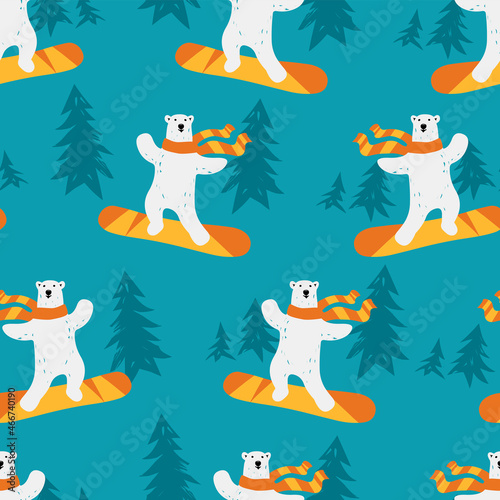 Seamless vector pattern of snowboarding Polar bear on blue background