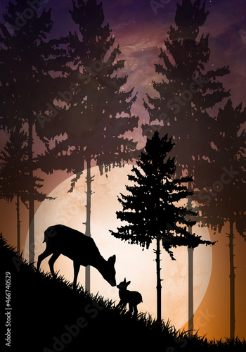 Mother and baby deer silhouette art © Nig3la