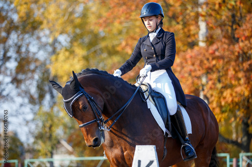 Teenage girl riding horse on equestrian dressage test in autumn.