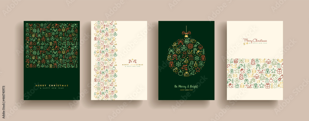Christmas New Year gold winter outline icon set - obrazy, fototapety, plakaty 